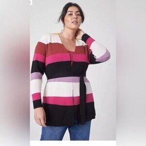 Lane Bryant Sweater Womens Black Pink Stripe Knit Cardigan Rayon Cozy Fun 14/16